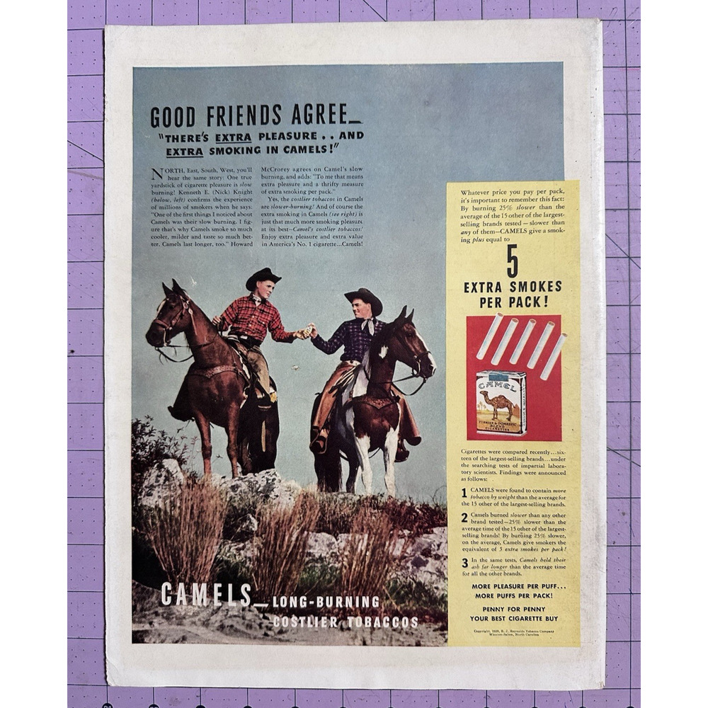 1939 Camel Cigarettes Cowboys Extra Smokes Per Pack Vintage Print Ad